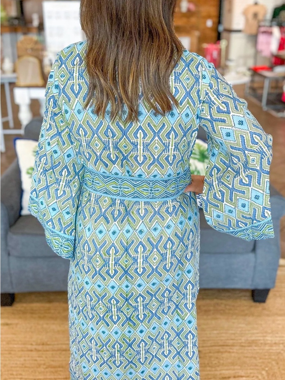 Victoria Dunn - Brynn Blue and Green Geometric Kimono Maxi Dress with Waist Tie - Picture 2 of 3